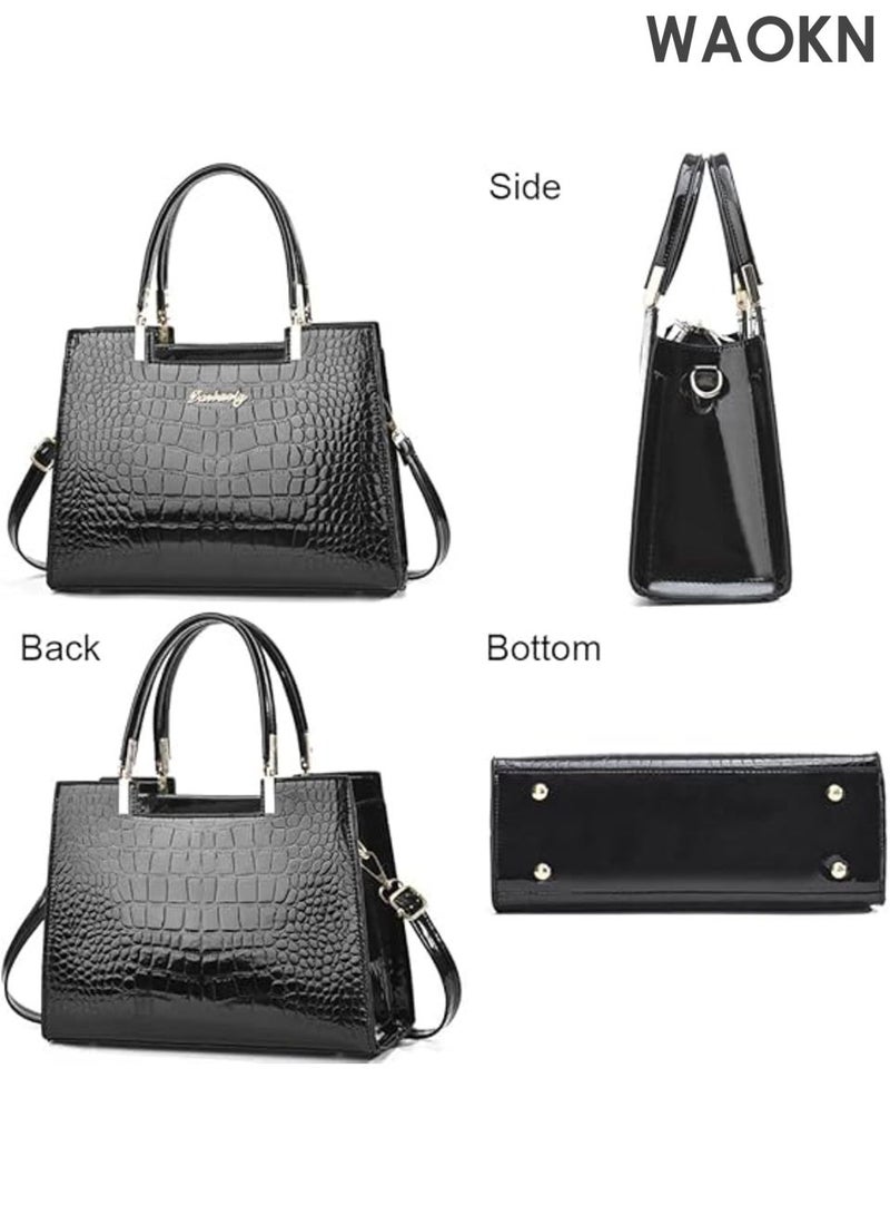 Women handbags Purse Shiny Patent , Leather Crocodile Pattern Top Handle Handbag , Satchel Bags , Zipper Medium Tote Bag , suitable for shopping, commuting to work, and going to school , unisex , black . - Image 2